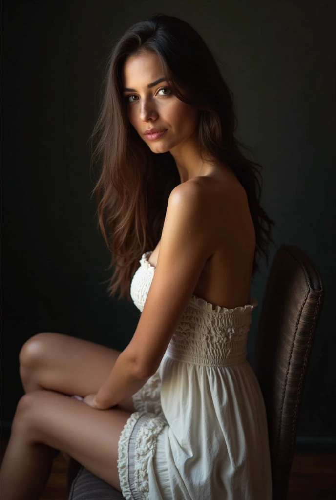 full body professional photograph of a beautiful woman with long flowing brunette hair, head turned away from the viewer, sensual, light-colored eyes, wearing a highly detailed summer dress, revealing a bit of cleavage, sitting in a chair with her legs cro...