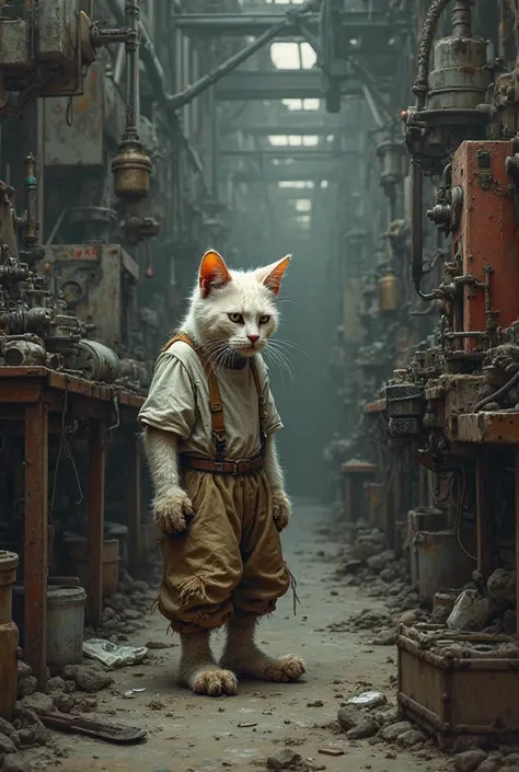 A very poor white cat dressed with a dirty tired trouser and tired shirt inside a Mechanic factory working very hard