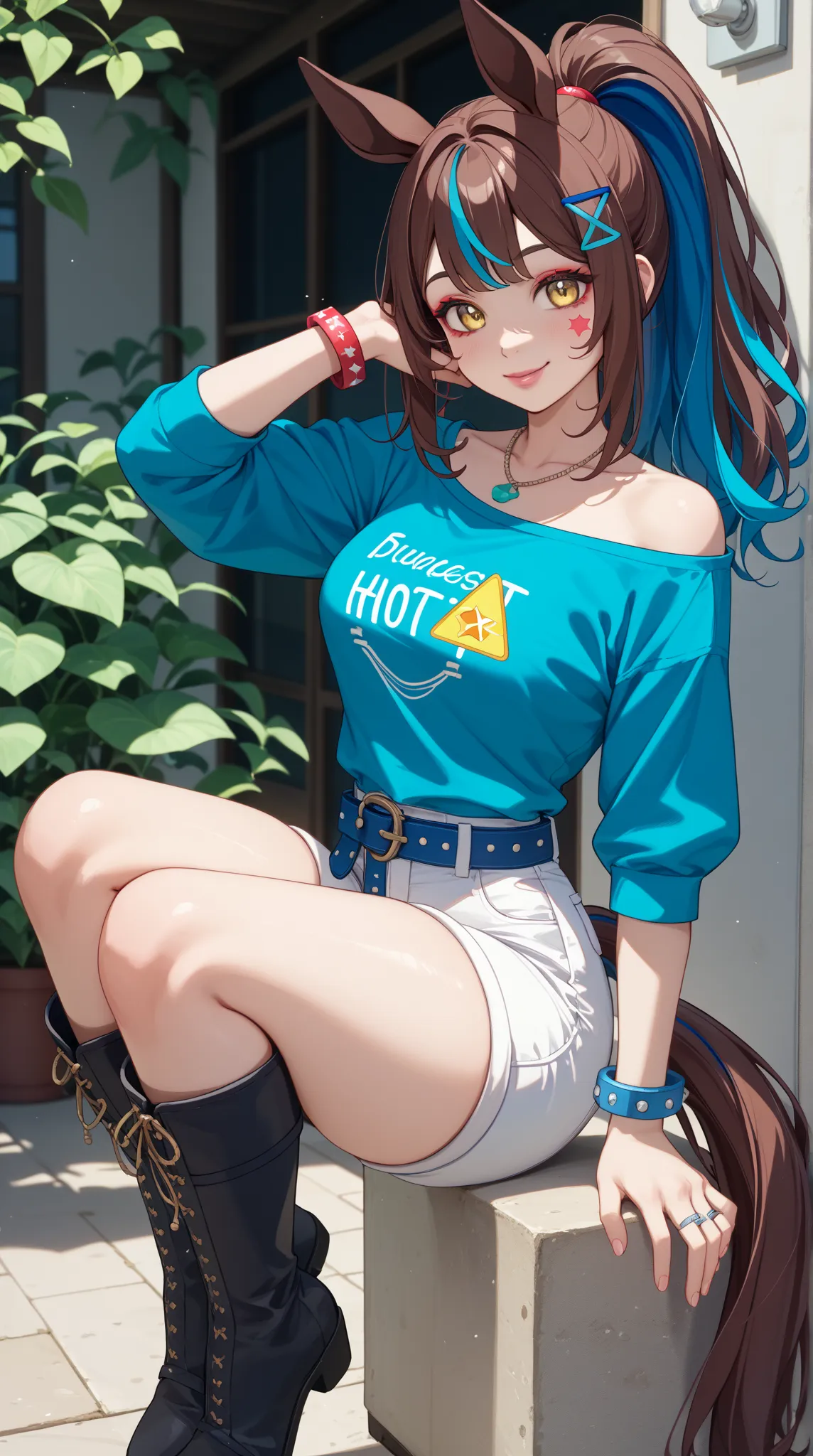 1 girl、Red dark brown hair、((blue streaked hair)), (blue highlights hair)、 star-shaped hairpin with bangs split to the right、 gal、 horse ears、((blue off-the-shoulder shirt))、(( White Hot Pants))、((white shorts))、square necklace、Fluorescent light blue ribbo...