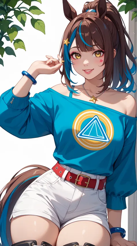 1 girl、Red dark brown hair、((blue streaked hair)), (blue highlights hair)、 star-shaped hairpin with bangs split to the right、 gal、 horse ears、((blue off-the-shoulder shirt))、(( White Hot Pants))、((white shorts))、square necklace、Fluorescent light blue ribbo...