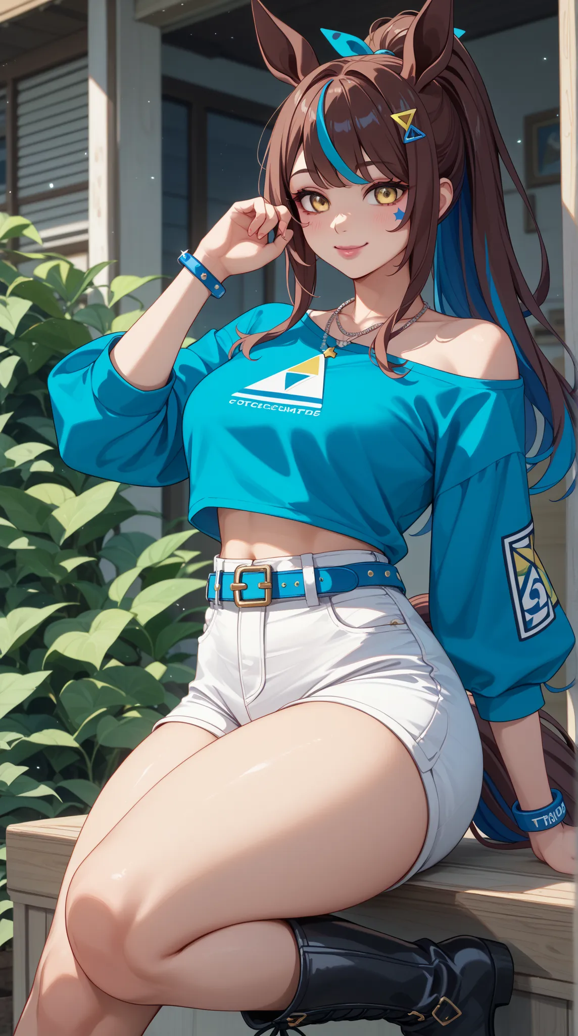 1 girl、Red dark brown hair、((blue streaked hair)), (blue highlights hair)、 star-shaped hairpin with bangs split to the right、 gal、 horse ears、((blue off-the-shoulder shirt))、(( White Hot Pants))、((white shorts))、square necklace、Fluorescent light blue ribbo...