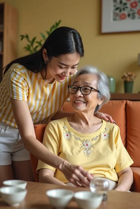 ภาพถ่ายแสดงความสัมพันธ์อันอบอุ่นระหว่างelderly woman,และหญิงสาวที่กำลังดูแลกันในบรรยากาศสบายๆ ภายในบ้าน รายละเอียดของภาพมีดังนี้:

The person in the picture:

elderly woman,:

นั่งอยู่บนเก้าอี้
ผมสั้นสีดำแซมขาว
สวมแว่นสายตา กรอบสีดำ
สวมเสื้อสีเหลืองอ่อน แข...