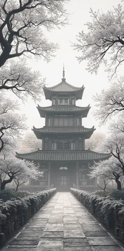 Chinese house with 4 floors and with greyscale cherry trees in the background