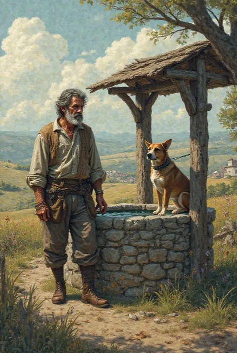 A man near a well and a dog