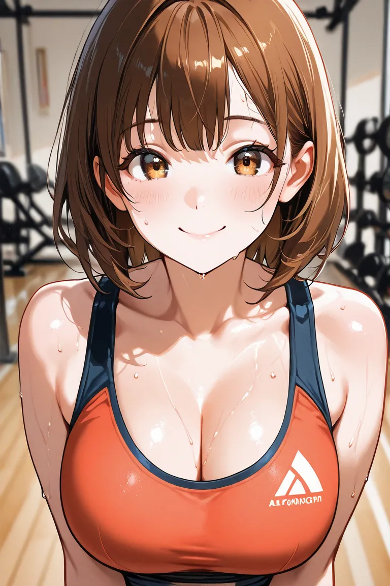 Close enough to kiss,High quality texture,solo,one girl,Older sister,random hair,neat clothes,smile,sexy poses at the gym,slightly larger breasts,a lot of sweat