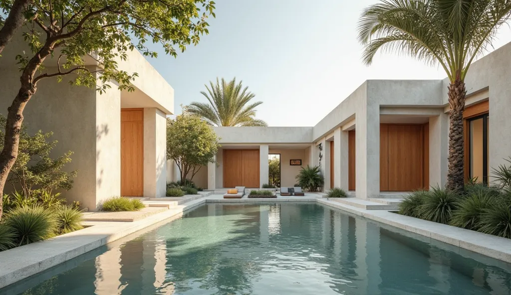 Minimalist architecture blends with nature in a serene setting: smooth, white buildings with wooden doors echoing tropical foliage, warm sunlight dances over water, inviting tranquility and modern elegance.