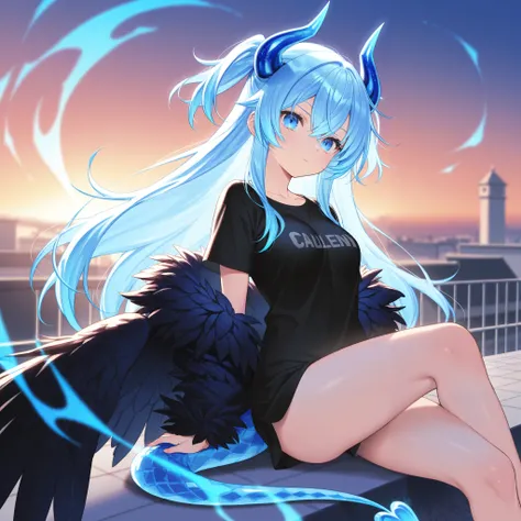 Best Picture Quality、High Resolution、 diamond blue hair 、diamond blue eyes、Feather coat、Alien Tail、 Dragon Horn、rooftop、、   black t-shirt 、beautiful breasts、  best thighs、Blue aura、  long hair、best image quality、Crow's Wings、GalaxyAura