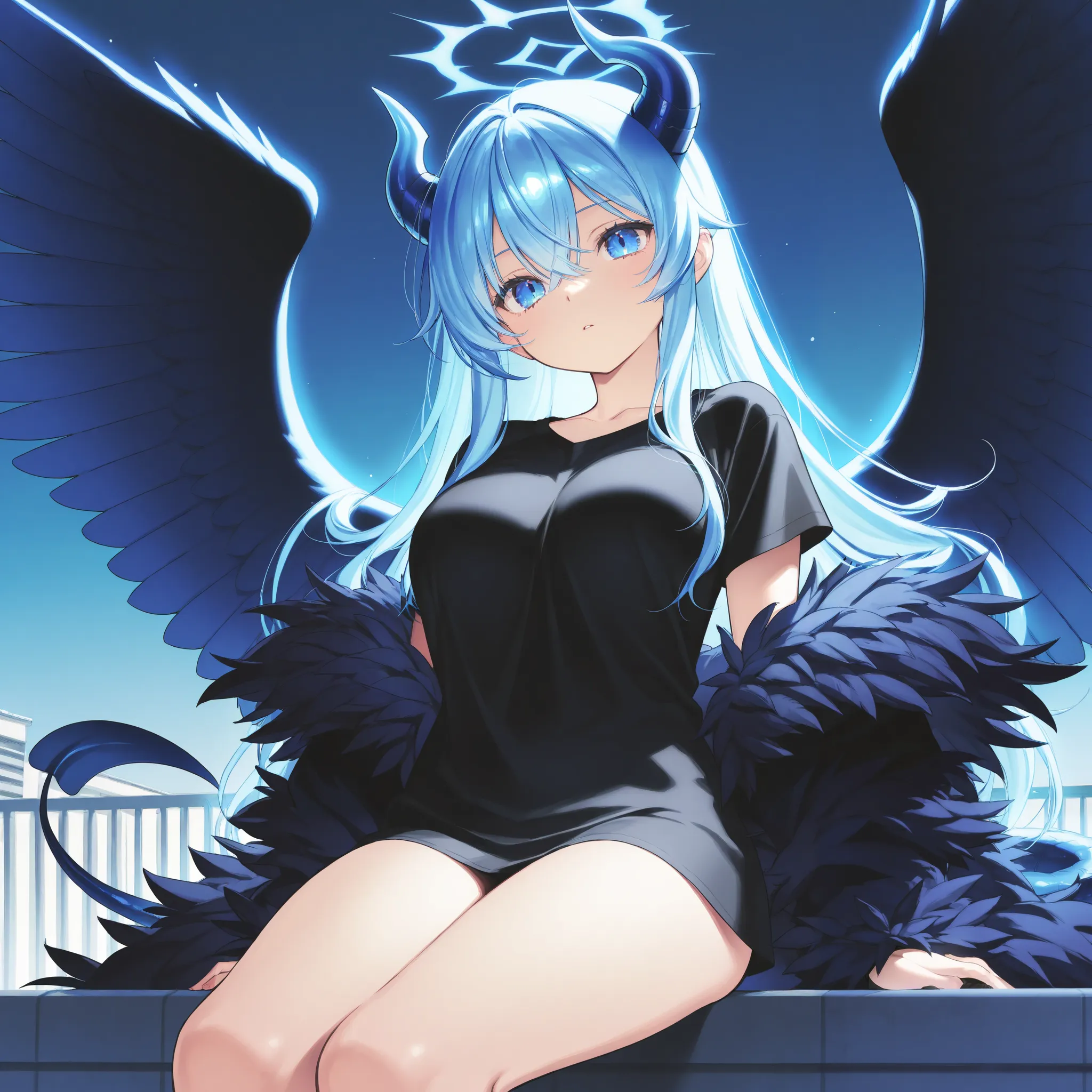 Best Picture Quality、High Resolution、 diamond blue hair 、diamond blue eyes、Feather coat、Alien Tail、 Dragon Horn、rooftop、、   black t-shirt 、beautiful breasts、  best thighs、Blue aura、  long hair、best image quality、Crow's Wings、GalaxyAura