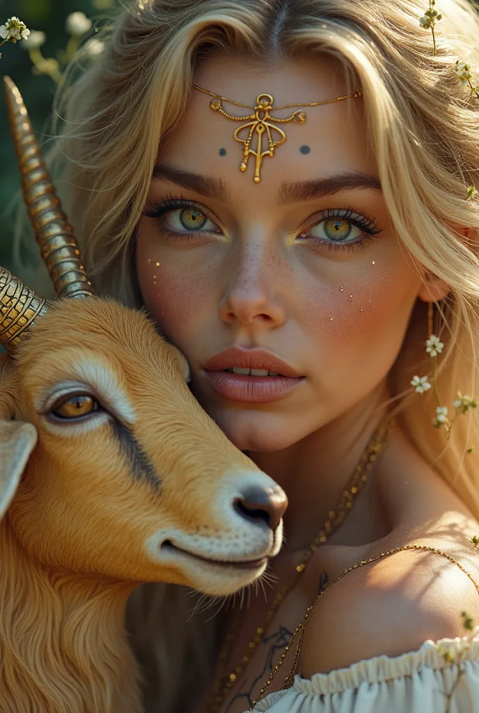 Light brown woman with blond hair, dark green eyes, large and fine bezel, piercing under the left eye, tattoo, flowers, looking lovingly at a golden goat