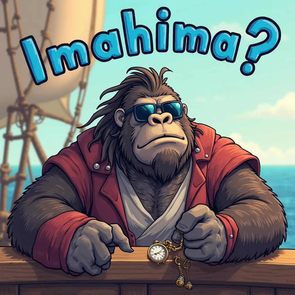 9. "Imahima?"
A buff gorilla pirate, leaning on the ship’s railing, checks a pocket watch while yawning. His sunglasses are slightly tilted, and his dreadlocks hang over his shoulders. His pirate outfit looks slightly unkempt, as if he’s bored. The phrase ...