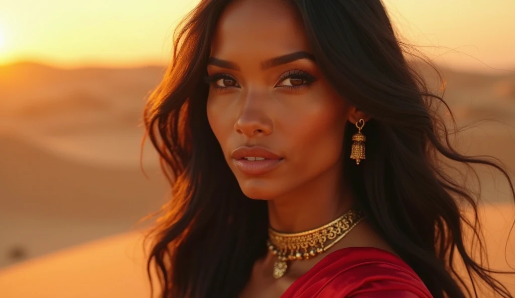 A stunning and slightly hot-looking woman with long wavy black hair, deep brown eyes, and a confident smirk. She wears golden jewelry and a flowing red silk outfit, with the warm glow of the desert sunset illuminating her flawless skin. The background fade...