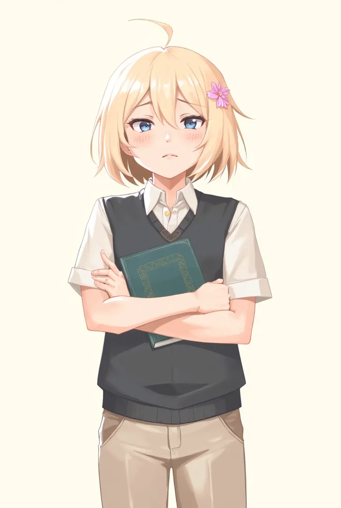 A young person, likely a ager, with light blonde hair styled in a short bob, and a small pink flower in their hair. The subject is depicted in a style reminiscent of anime or manga. The character has a somewhat worried or concerned expression; their eyes a...