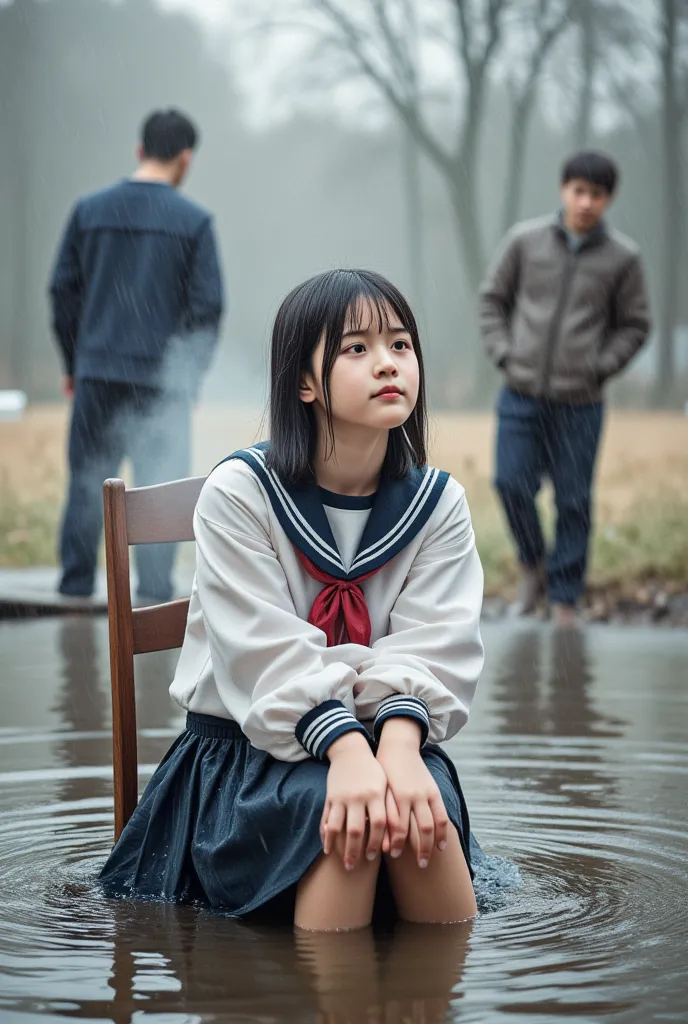 A 15-year-old girl is sitting on a small wooden chair with warm steam from the rising water, her skin is soft, smooth, shiny. Behind her are two men standing on hard cocks. There is a warm, cool atmosphere in the middle of the thick snow drizzling rain.