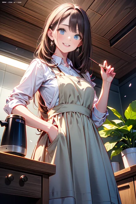 (from below:1.4),((1girl, brown hair, long hair, qutel blue eyes, beautiful eyes, pretty smile:1.5, ), coloring watercolor digital pencil ,Cherry blossoms falling,an animated painting of a woman in an apron standing at a coffee maker, 1girl, brown hair, so...