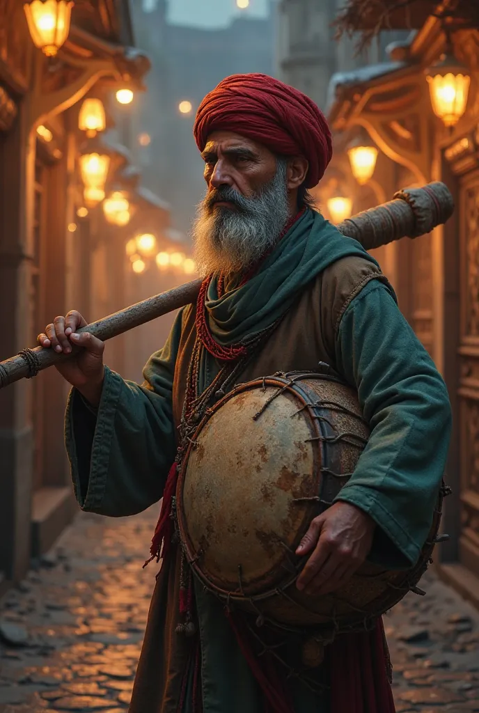 I want you to make a photo of a Ramadan drummer in the Ottoman Empire. I want him to have a red fez on his head, a drum tied to his shoulder, and a stick with a knob on the end to hit the drum. 