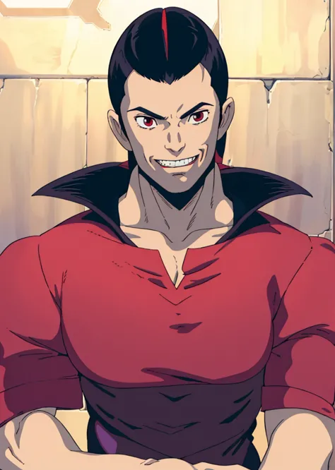 a cartoon of a man with a red shirt and a black cape, male vampire of clan banu haqim, kazuma kaneko, kentaro miura manga art style, kentaro miura manga style, full body savage devilman, miura kentaro style, dandy from space dandy anime, furio tedesschi, e...