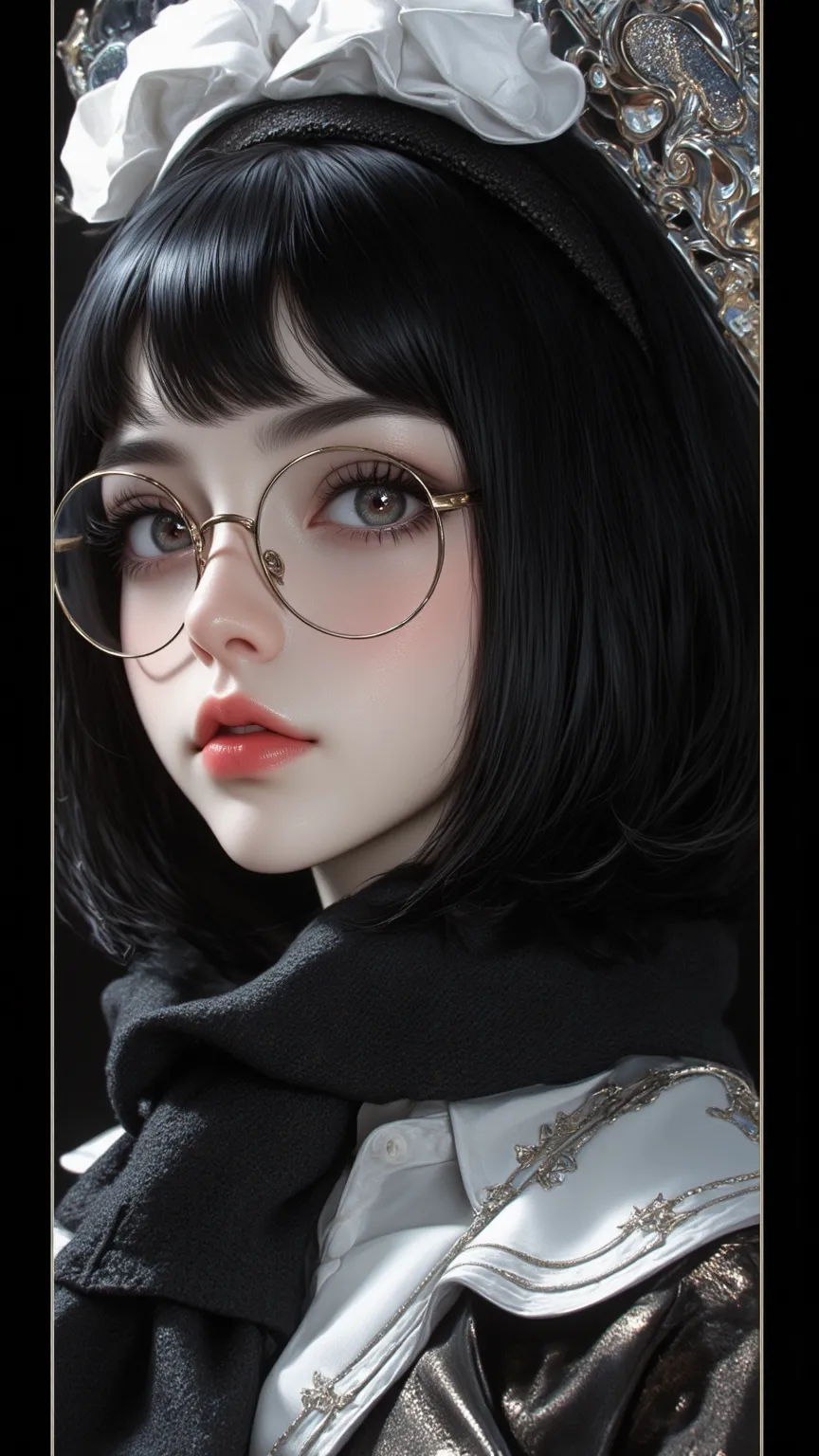 a high definition masterpiece，captures Polly's elegance，short black hair、green eyes，Wearing large round glasses，with a vivid black and white background。