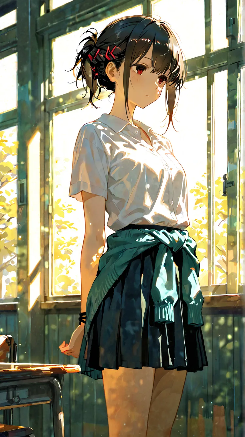 a Japanese schoolgirl, skinny, white shirt, skirt, pony tail, 