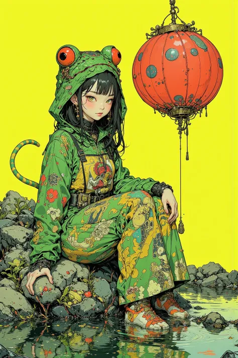  Unrealistic Illustration ,Spiritual Art of a Girl Wearing a Frog Costume,Girl Sitting on a Rock ,Frog's Hairy Tail,  Unreal Magical Living Room,Frog Costume  , Expressing the anthropomorphic character of an animal frog ,  Animal Cat I'm drawing an anthrop...