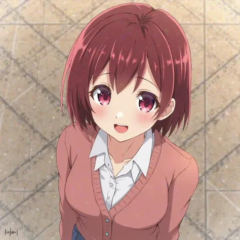  anime。from above。looking at the camera。woman。18 years old。 slim figure。round face。Droopy eyes。 double eyelids。pink eyes。 small nose。heart-shaped mouth。short bob。bangs。 maroon hair。 Smile。 happy。uniform。Cardigan。