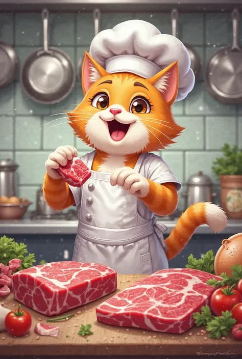 Chef cat playing with meat