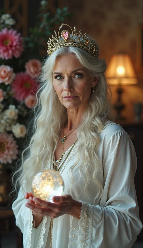 A cinematic photo of an elderly woman with wisdom and mystique, standing in a beautiful room. A beautiful crown on her Head . She is holding a magic crystal ball. The background beautiful flowers and a lamp astalogy. The overall ambiance is cinematic and c...