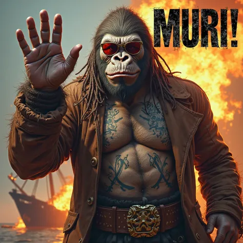 A giant, heavily tattooed gorilla pirate stands with one massive hand held up in a clear "stop" gesture. His dreadlocks sway slightly in the wind, and his sunglasses reflect the fiery glow of a cannon blast behind him. He wears a rugged brown leather coat ...