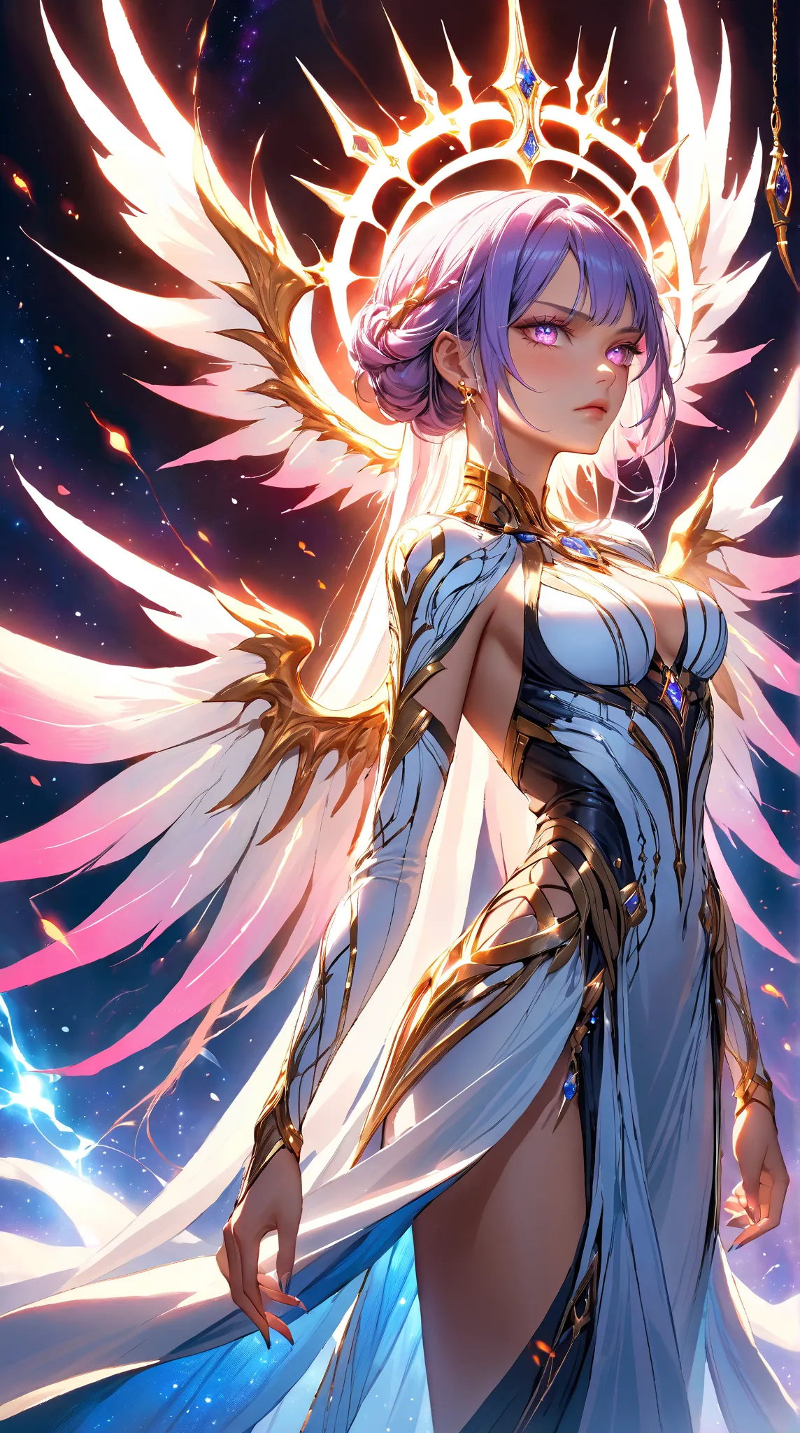  Depicts a woman full of strength，Moisturizing skin ， Delicate Facial Features ， Fierce and angry eyes ， Bow back ， Huge Valerian wings ，Bright Eyes， Scorching halo of art 。