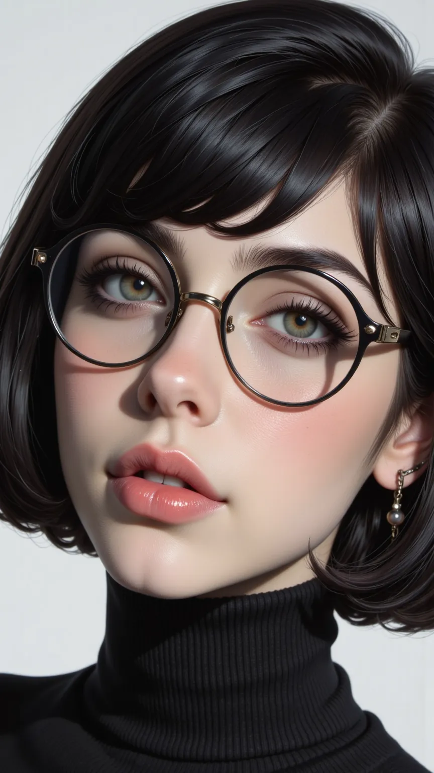 a high definition masterpiece，captures Polly's elegance，short black hair、green eyes，Wearing large round glasses，with a vivid black and white background。