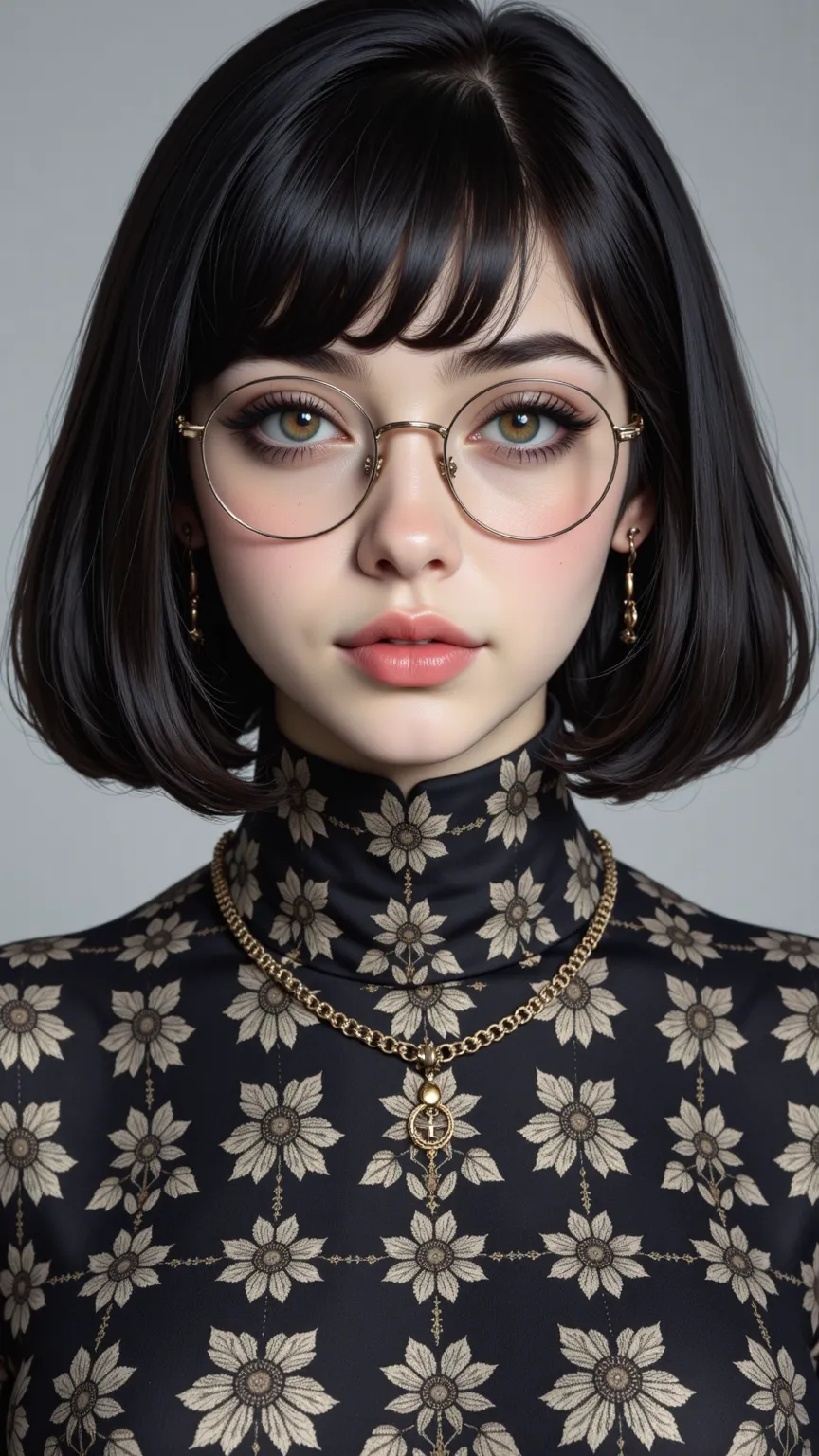 a high definition masterpiece，captures Polly's elegance，short black hair、green eyes，Wearing large round glasses，with a vivid black and white background。