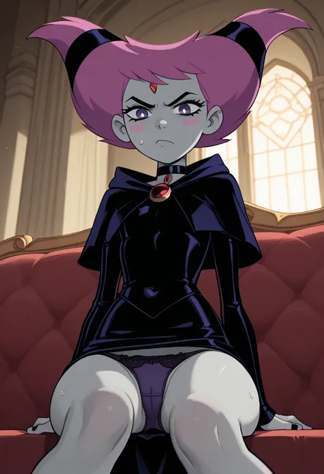 Jinx from the cartoon " Titans", pink hair, Capelet, gray skin,  hair ties ,  Long Sleeves Leather, choker, Alone , ojos rosados,  cleft pupils ,  blush stickers, black dress,  chest jewel , Violet panties , blushing, Looking at the spectator,  In a Mansio...