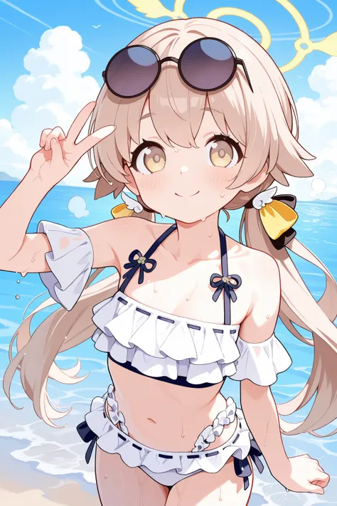 Hifumi \(blue archive\),  {{{best quality}}}, {{ultra-detailed}}, {illustration}, {{an extremely delicate and beautiful}},Swimsuit,wet,steam,sweat, seaside,v,smile,