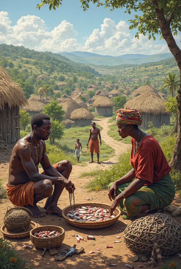 En image réelle, l'ambiance dans un beau village africain où les hommes coupent le gibier qu'ils ont chassé d'un côté et les femmes étaient les poissons pour les secher