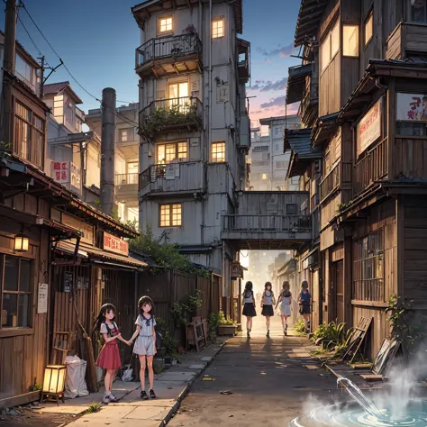 
(( masterpiece 、  top quality 、   Official Art 、    Detailed Anime    、Unity 8    ｋ   wallpaper))、 evening、  night 、(((  3 girls、Two girls in summer clothes 、smile)))、(chimney、 poor environment、An abandoned hot spring town  、Battleship Island、shop、  Showa...