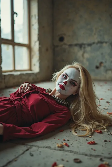  make an image of a 25-year-old young woman ,( rose ) , Has white skin, big blond hair and long in the wind Your eyes are natural,  straight eyebrow , red lips, wearing a Horror Mask and a villain's outfit lying on the floor of a construction site 