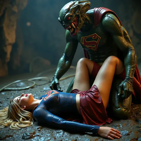 Supergirl is raped by an alien monster, very bright white skin, her legs are wide out, can see whole body, She is wearing a thin black pantyhose, short red skirt, red knee height long boots, blonde hair, She is unconscious, eyes close, seriously injured, p...