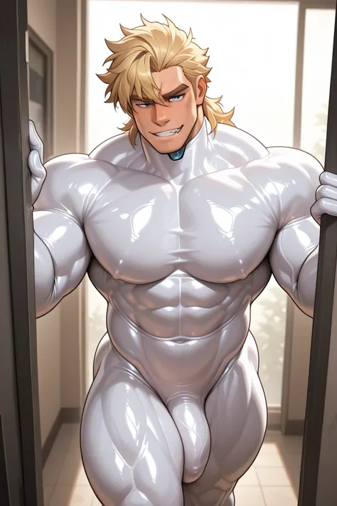 ((Nude:white latex bodysuit)),big_muscles, digital_drawing_\(artwork\), digital_media_\(artwork\),(blonde shirt hair, human bara male,blue eyes,handsome  ), huge_muscles, humanoid, male, muscular, muscular_humanoid, muscular_male,seductive eye,pecs, solo, ...