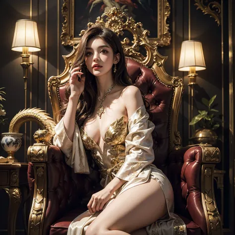 A girl with yandere-like personality sitting on a dragon throne, wearing a golden silk embroidered robe, in a palace background, surrounded by luxurious decor and intricate details. She has unnaturally bright and intense purple eyes that seem to glow with ...