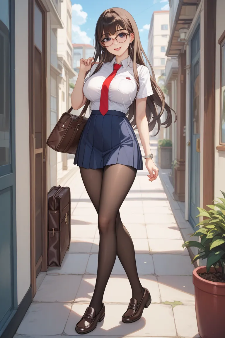 Greatest Masterpiece、School corridor、One adult woman、 black simple long hair、 black eyes、 kind eyes 、black rimmed glasses、big breasts、 Slim waist、Very thick thighs、long legs、 white short sleeve shirt、red tie、 red miniskirt 、black tights、brown loafers、brown...