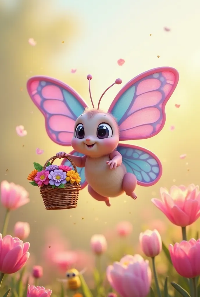 A cute 3D cartoon butterfly with large, vibrant wings in a gradient of pastel colors (pink, blue, and purple). The butterfly has a round chubby body, tiny antennae, and large sparkling eyes full of curiosity. It is gracefully flying in mid-air, holding a s...