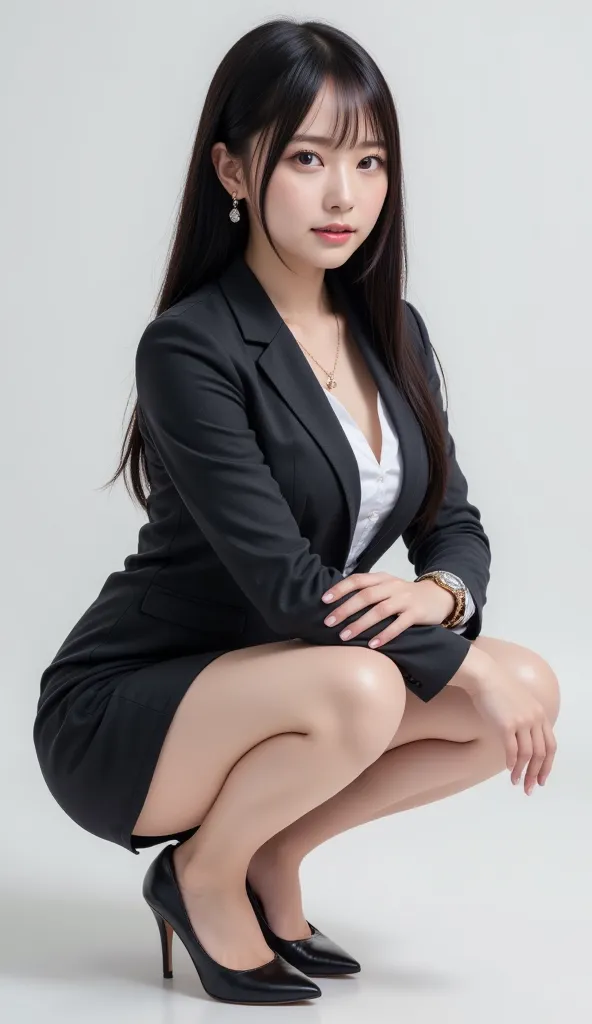 Highest quality, Sleek long black hair , long dark haired professional office lady, dynamic squat pose, detailed eye and skin texture, STUDIO LIGHTING, 30 years old,  dark eyes, Elegant, Medium Breast,  plump lips, earrings, necklaces, Charcoal Tight Suit ...