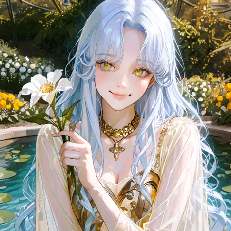 4k , 8k , (only 1 female light blue hair with yellow eyes color) , (((curly long hair style))) , 25 years old , ((sexy Ethereal white and gold clothes))  , novel , manhwa , very details , hair details , very anime eyes details  , ตรงตามกายวิภาคมนุษย์ ,ร่าง...