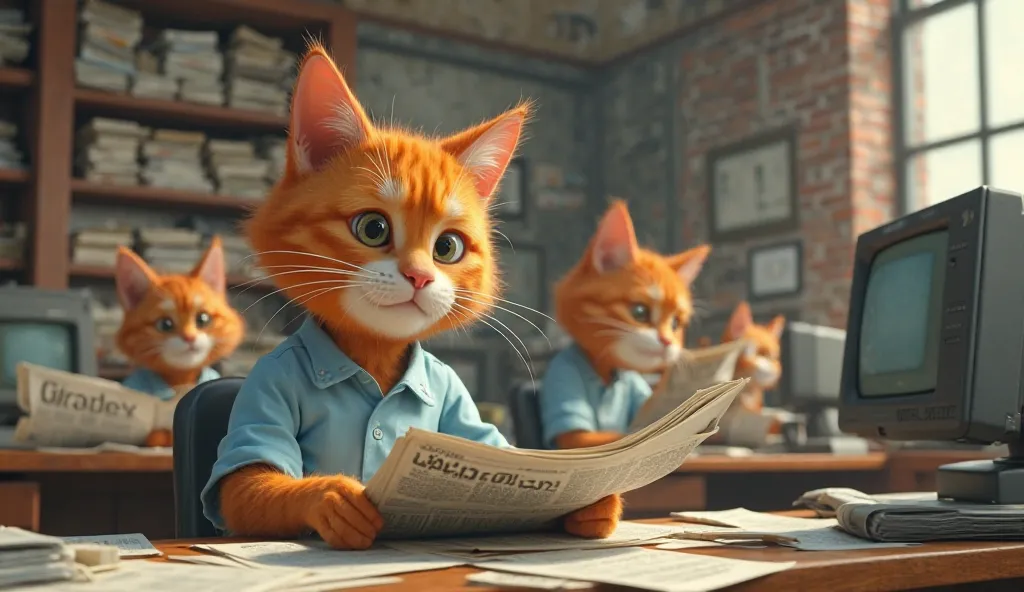 A highly detailed and cinematic 3D-rendered scene of a newspaper office filled with anthropomorphic cats working at their desks. The foreground features an orange cat in a light blue shirt, holding and inspecting a newspaper with focused attention. The bac...