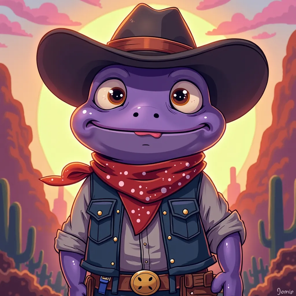 High-quality anime-style NFT PFP of a cute, noseless purple frog humanoid cowboy character inspired by Pepe Monad, but with an abstract artistic twist. The character has a round head, big expressive eyes, and a cheerful yet mysterious expression. He wears ...