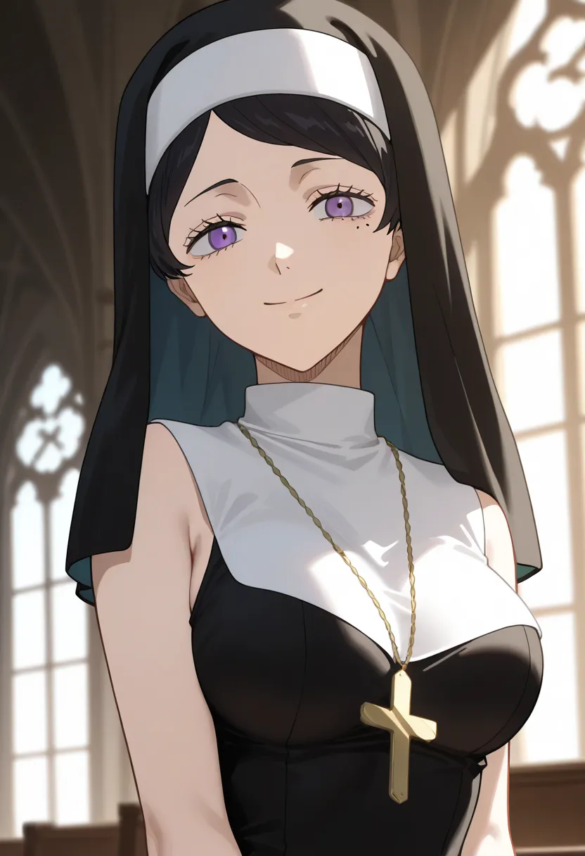 anime source, Lily Aquaria シスター・リリー ( Black Clover ) , ultra-detailed,(best quality),((masterpiece)),(highres),extremely detailed 8K wallpaper,(an extremely delicate and beautiful),lily aquaria,nun,1girl,solo,smile,habit,jewelry,mole under eye,cross neckla...