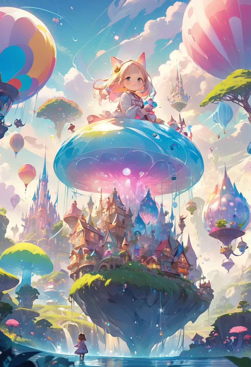 arafed images of girls and dogs in fairy land、Beeple and Jeremiah Kettner、 Magical World 。colorful、fantasy art style、 dreamy illustration 、colorfulなコンセプトアート、Concept Art Magical Highlights、Genbartel 、 Official Artwork 、colorfulなイラスト、 Cute Detailed Digital A...