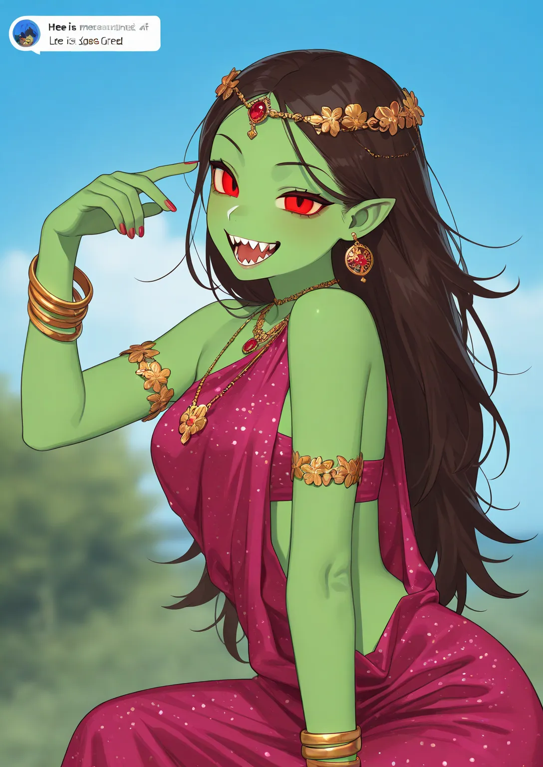 Ghost girl, skin color green, pink&deep-green sharee, red eyes, vampire like teeth, breslet like golden ornaments in two hands, necklace made of bones. Appealing expression on face. 