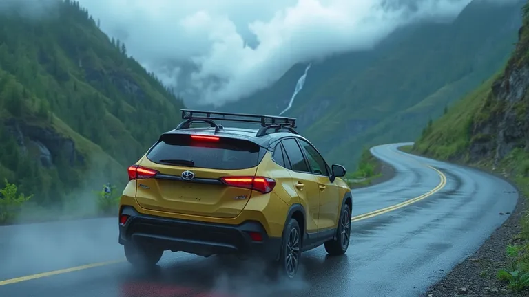 The all-wheel-drive (AWD) capability of the 2025 Toyota Corolla Cross is demonstrated in a cinematic ultra-HD 8K shot, showcasing the car maneuvering effortlessly on a winding mountain road. The tires grip the slightly wet asphalt as mist rises from the va...