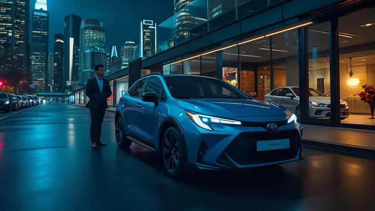 A dynamic ultra-HD 8K image showcases the Toyota Corolla Cross 2025 parked outside a futuristic showroom at night, illuminated by neon blue and white lights. The car's sharp LED headlights and aggressive grille design stand out against the glossy black pav...