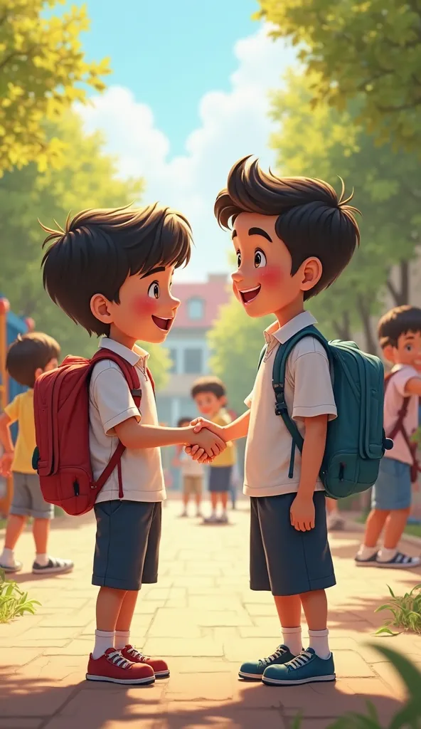 "Hasan and Ali, in their schoolyard, shake hands and smile happily, celebrating together. Other ren in the background are playing and laughing during their break."

